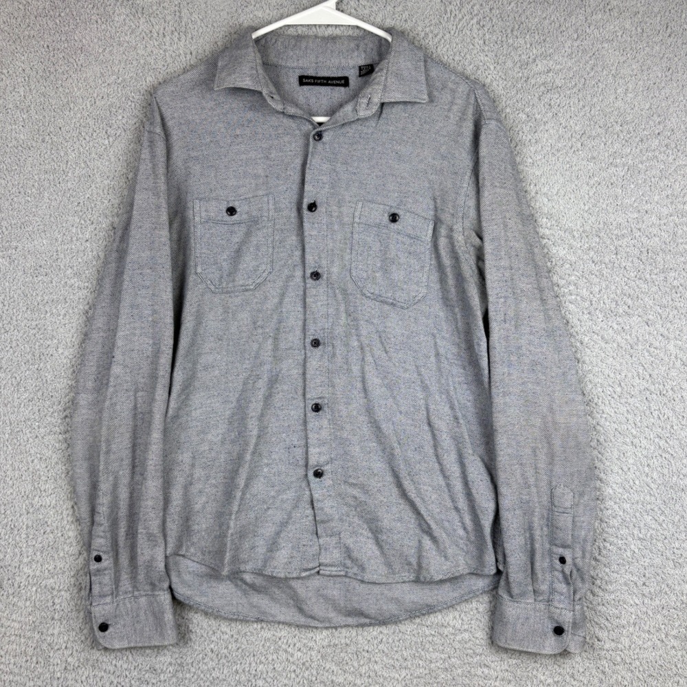Saks Fifth Avenue Button Down Shirt Mens Large Gray Textured Cotton Long Sleeve